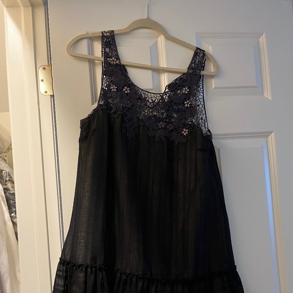 Free People mini dress- drop waist detail, blue and purple crochet/ lace top